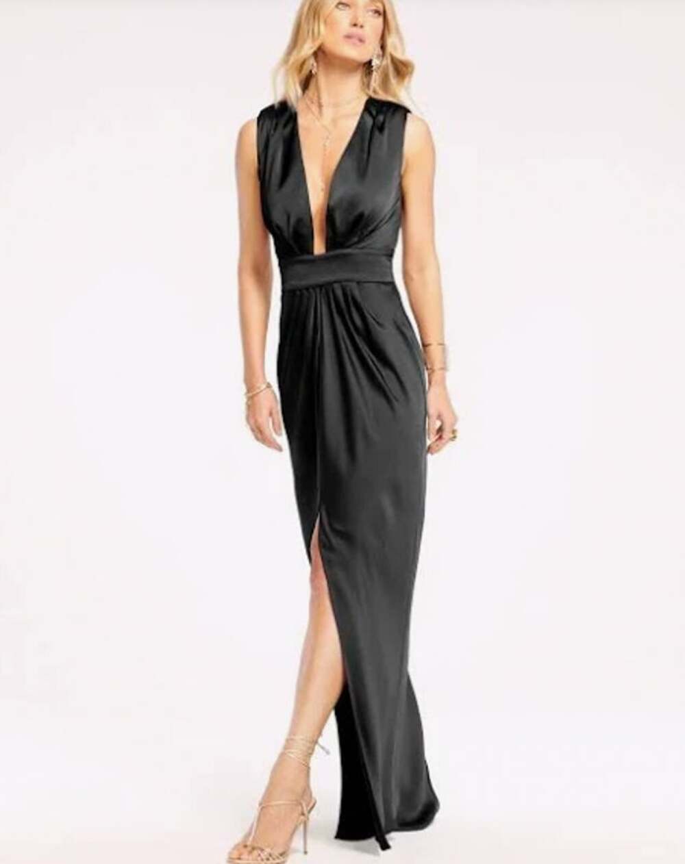 RAMY BROOK Quinn Pleated Deep V Neck Satin Gown Dress Black 14